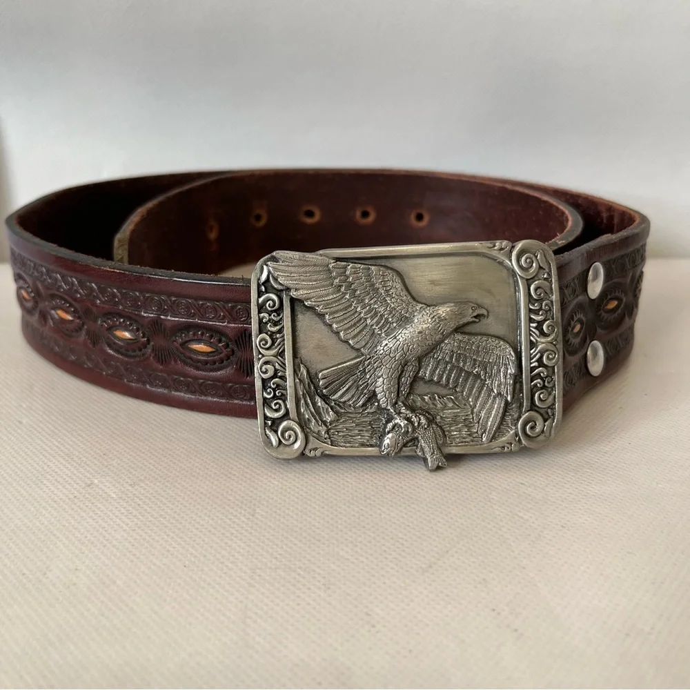 Vintage Siskiyou Eagle Belt Buckle Brown Tooled Leather Belt